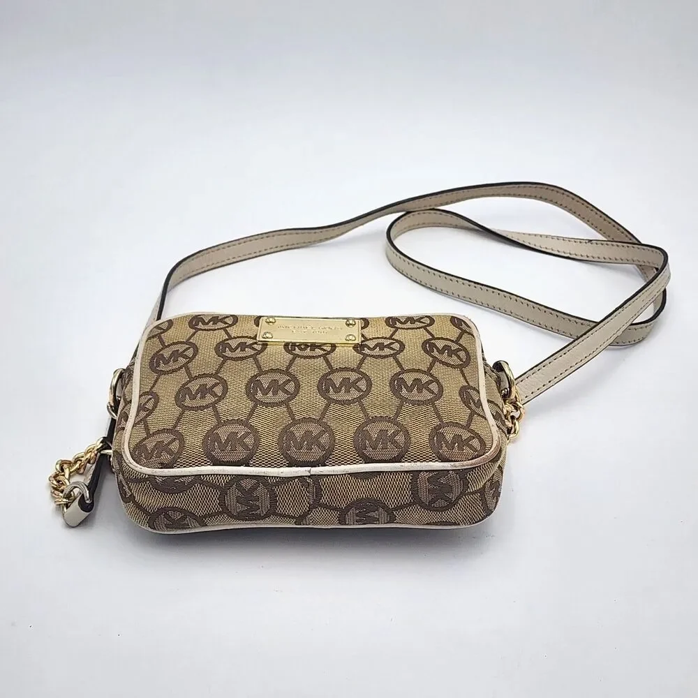Michael Kors Monogram Jacquard MK Leather Trim Small Crossbody Bag Tan Brown